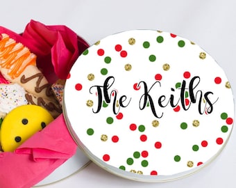 Round Cookie Tin - Personalized Christmas Cookie Tin - Decorative Tin - Holiday Tin - Glitter Confetti Cookie Tin - Custom Name Tin