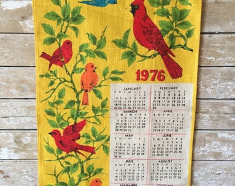 Vintage 1976 Linen Calendar Wall Hanging Birds