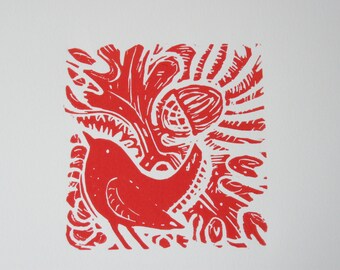 Autumn Wren - Original Linocut Print