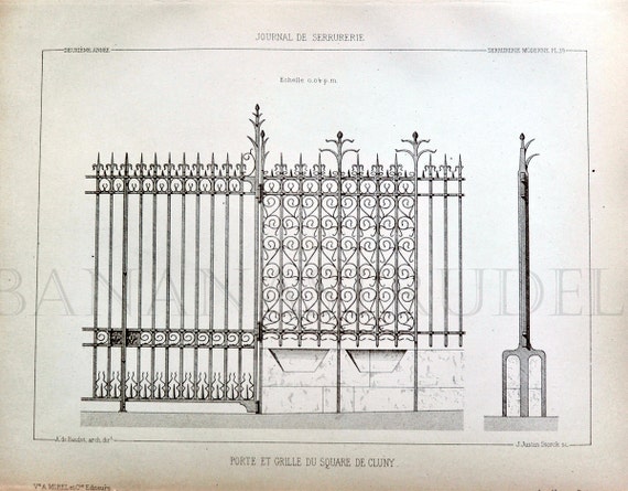 1880 French Antique Engraving / Vintage Print of Decorative and Architectural Metalwork. Gate and Grill of Cluny Square. Plate 39