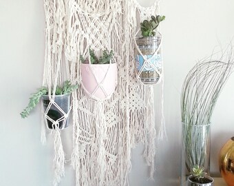 CUSTOM~ 3 Plant Macrame Hanging Planter- Wall Accent- Bohemian Decor- Dorm Decor~ Modern Macrame- White Wall Accent- BohoChic Home Decor