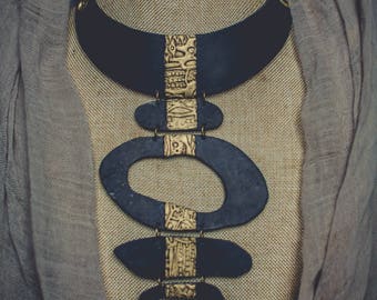 Statement necklace Bib necklace modernist jewelry polymer clay necklace gold black necklace asymmetric necklace long necklace