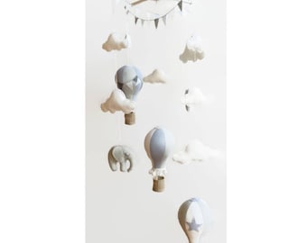 Baby Mobile / Hot Air Balloon Mobile / Crib Mobile / Felt Mobile / Elephant Wooden Mobile / Clouds Mobile / Nursery Mobile / Grey and White