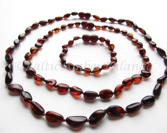 Baltic Amber Teething Necklace and Bracelet/Anklet and Mothers Reminding Necklace, Cherry Color Olive Form Beads