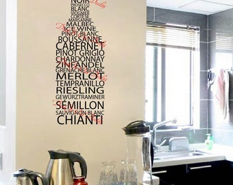 Wine types in the shape of a wine bottle Vinyl wall decal decoration E00293