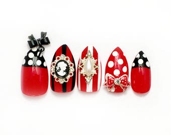 Red Sweetie Pie Kawaii Nails | Lolita Gyaru Hime Cosplay Press On Nails | Kawaii Japanese 3D Fake Nails | Red Black White Polka Dot Nails