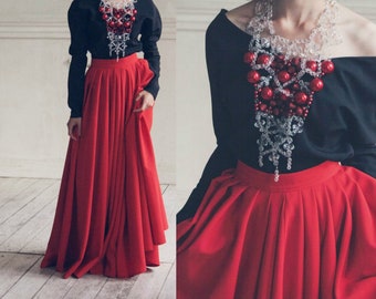 Red Pleated Full Circle Skirt Woman Maxi Skirt