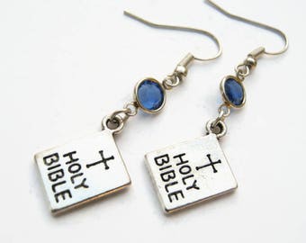 Bible Birthstone Earrings, Personalized Earrings, Religious Jewelry, Church Gift, Holy Book Earrings, Christian Earrings, Catholic Jewelry