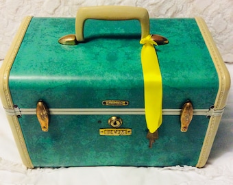 Rare Vintage 1950s SAMSONITE Train Case Key Green Marble Travel Makeup Cosmetic Luggage Carry On Storage Case