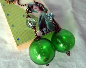 Chain Pull Pair for Ceiling Fan or Lamp with Green Hollow Glass Beads