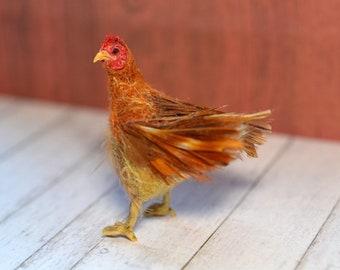1:12 scale dollhouse miniature chicken, Rhode Island Red hen, flocked and feathered polymer clay animal sculpture