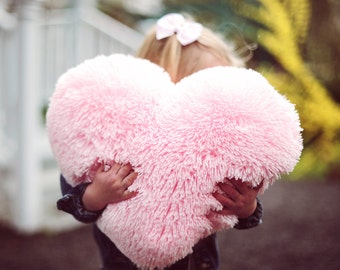 Fluffy Pink Heart Shaped Decorative Pillow Valentines Day Decor - Small Size