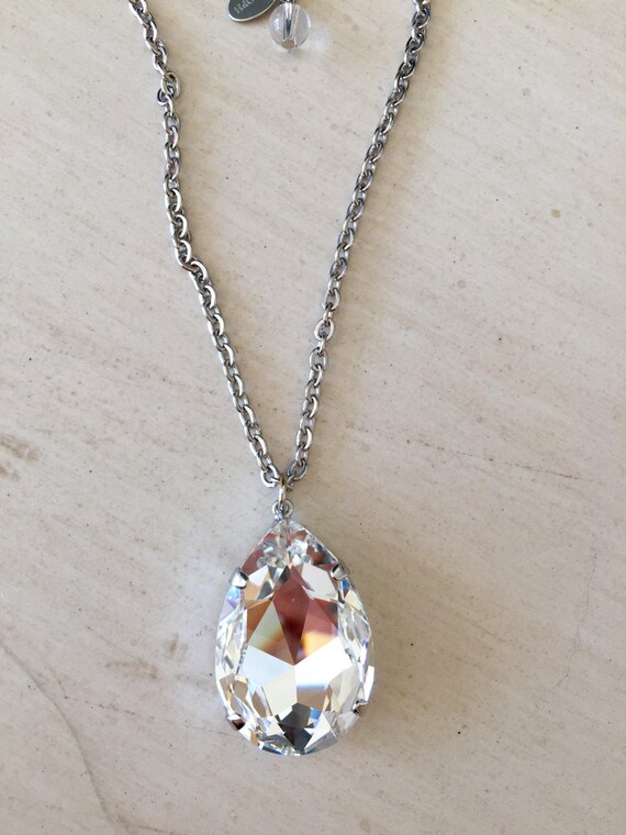Clear Swarovski Pear Crystal Necklace, Silver