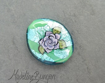 Lilac Tattoo Style Rose on Aqua Green, Lampwork Focal Bead