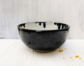 Black and White Bowl, Ceramic Cereal Bowl, White Speckled Soup Bowl, Black Stoneware Bowl, Handmade Pottery Bowl, Gloss Finish