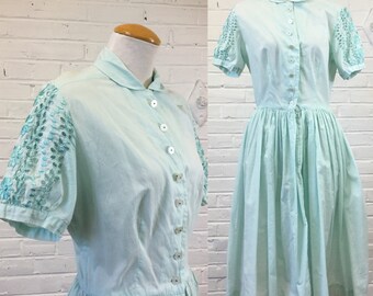 1950s Seafoam Green Eyelet Cotton Dress, size M