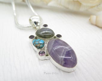 Fluorite Labradorite Turquoise Sterling Silver Pendant and Chain