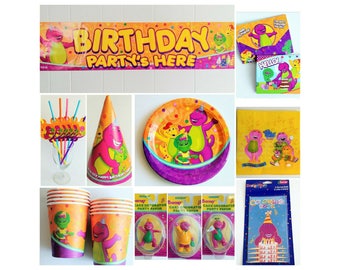 Barney Birthday Party Supplies Cups Plates Invitations Banner Straws Favor Hats Napkins Cake Topper Coloring Books ~ Barney Party Supplies
