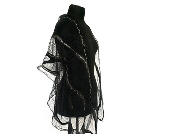 Nuno Felted Scarf Handmade Cobweb Black Dark Grey Scarf OOAK Felt Gift For Her