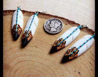 Feather Earrings - Hand Carved & Painted - Bone