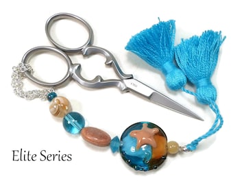 Blue Brown Scissor Fob, Beaded Key Fob, Starfish Scissor Minder, Sewing Accessory, Quilting Tool, Needlepoint, Cross Stitch, Purse Charm