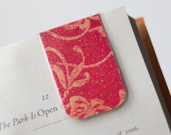 Glitter Magnetic Bookmark, Laminated Bookmark, Red Glitter Bookmark, Flower Design Abstract