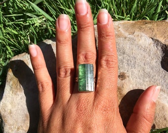 Large All Natural Green Tourmaline Sterling Silver Handmade Ring