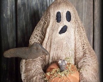 Primitive Halloween Ghost Make Do Doll with Crows, Pumpkins E-PATTERN