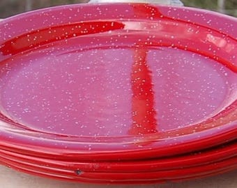 Vintage Red Enamelware Plates (Set of 3)