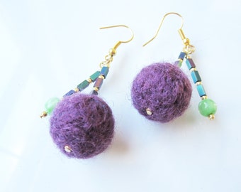Felt & Bead Earrings - Plum/Green