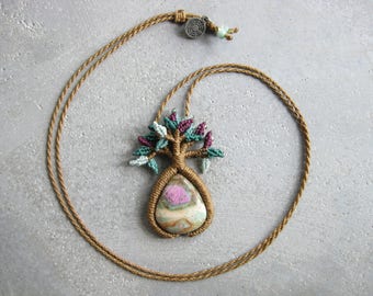 Floral Tree of Life Necklace . Botanical Fiber Jewelry. Ruby Zoisite Stone . Micro Macrame . Textile Art Jewellery . Design by .. raïz ..