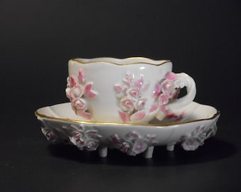 Rare Meissen Floral Encrusted Demitasse Cup and Saucer