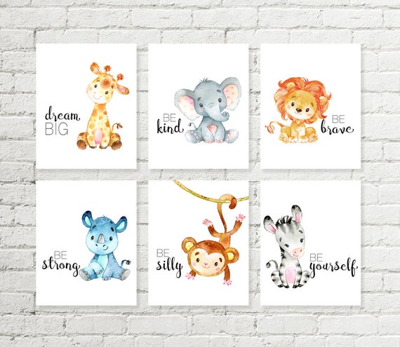 Safari Nursery Print Giraffe Elephant Lion Rhino Monkey Zebra