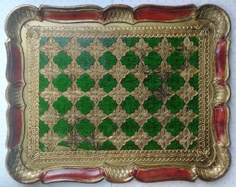 Vintage wooden tray, red, gold, green, Made in Italy