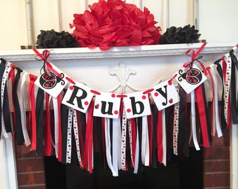 Lady Bug Baby shower decor - Ladybug 1st Birthday Rag Tie Backdrop - Little Lady Baby Shower Name Garland and rag tie banner - custom colors