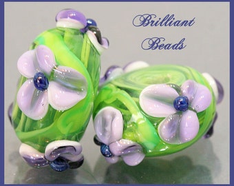Purple & Green Floral Glass Bead Pair...Handmade Lampwork Beads SRA, Made To Order