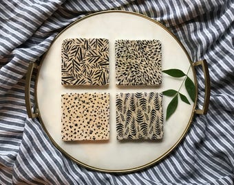 Black Pattern Coasters/beige/floral/dots/ferns