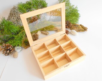 Wooden tea box with glass display- plain pine wood- 9 compartments display box- storage box, box for decoupage, unfinished box- herbs box