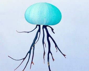 Blue ombre sea urchin jellyfish ornament, turquoise shell, jellyfish ornament, jellyfish decor, beach gift