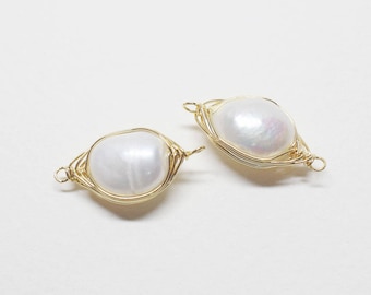 P0687/Anti-Tarnished Gold Plating Over Brass + Fresh Water Pearl/Wired Fresh Water Pearl Connector/11x21mm/2pcs