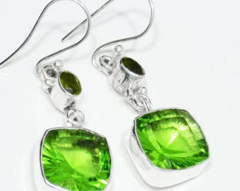Sterling Silver Peridot Earrings, Silver Earrings, Peridot Earrings, Square, 2-Stone .925 Sterling Silver Earrings 2"x0.6" (With Hook)