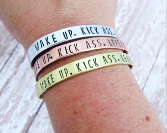 Wake Up Kick Ass Repeat Bracelet - Motivational Jewelry - Graduation Gift