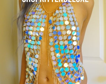 MIRROR ME Holographic Iridescent Sequin Coin Chain Halter Bra