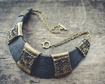Bib necklace Statement necklace black gold necklace ethnic boho necklace polymer clay necklace large necklace polymer clay necklace