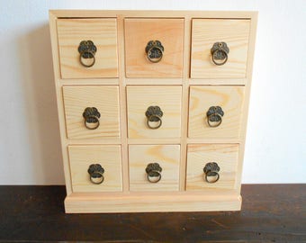 Wooden drawers box- 9 drawers- Jewelry Chest of drawers- Apothecary Cabinet- Desktop Organizer - Trinket Storage- Cabinet box- trinket keep