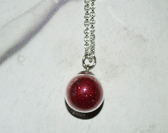 Glitter Ball Necklace, Orb Pendant, Glass Globe, Red Glitter, Glass Orb, Glitter Necklace, Silver Chain, Glitter Ball Pendant, Glass Jewelry