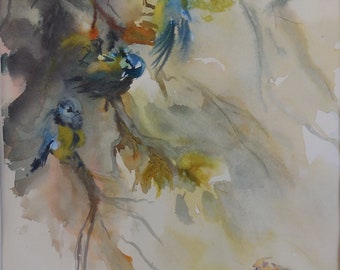 Watercolor on paper chickadees