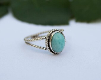 Larimar Ring, Blue Larimar Stone Sterling Silver Ring, Larimar Jewelry, Boho Ring, Twisted Band Ring, Natural Larimar Ring