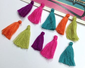 10 mini cotton tassels 25mm Bohemian Moroccan / Indian style mix orange, hot pink, turquoise, olive, purple