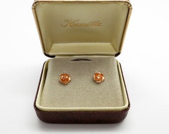 Vintage New Krementz 14K Rose Gold Pierced Rose Earrings in Original Box
